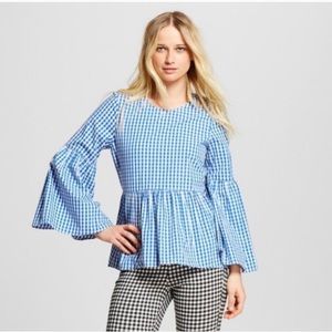 Who What Wear blue and white gingham peplum top
